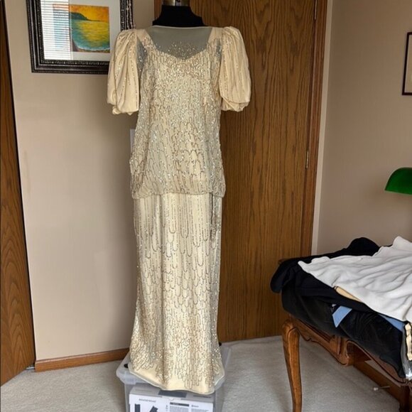 Vintage Alyce Designs Cream Beaded Art Deco Gown Size 16 - Picture 16 of 16